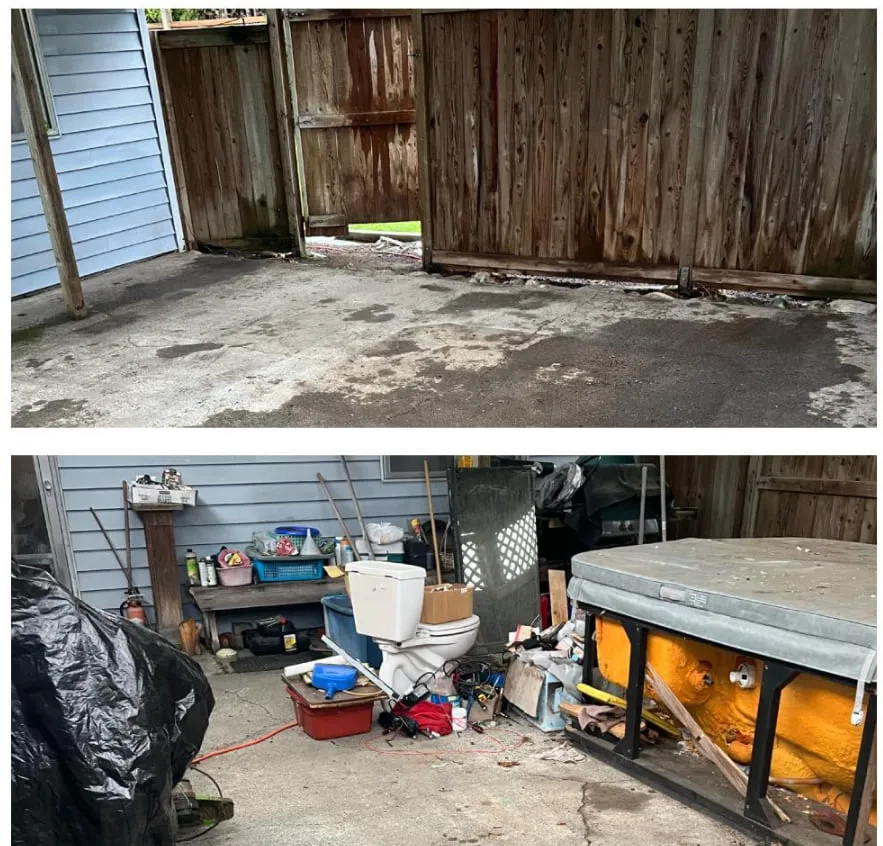 A side yard clear-out: the same space cluttered with an old hot tub and stored junk, and swept back to bare concrete